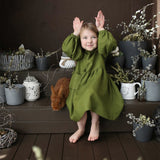 Girls' Retro Cotton And Linen Dress 2022 Autumn New Children's Korean Style Bow Long Sleeve Pocket Green Princess Dresses TZ44