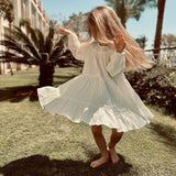 Mqtime  100% Cotton Girls Tiered Ruffle Dress Spring Autumn New Children Casual Loose Long-Sleeve White Sweet Princess Dresses TZ78