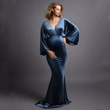 Mqtime  Winter Velvet Boho Maternity Long Dress For Photo Shoot Bohemian Maternity Velvet Photography Body-con Dress V-neck