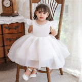 Mqtime Beading White Lace Girls Dress Puff Sleeve Birthday Kid's Child Party Dresses Toddler Girl Clothes Christening Gown 1-8 Years