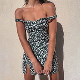 Mqtime Summer Floral Print Dress Women Sleeveless Mini Split Dress Fashion Shoulder Backless Sexy Dress Sundress