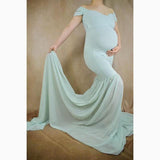 Mqtime Chiffon Pregnancy Gown Off Shoulder Dress For Pregnant Women Trailing Sweep Length Train Mist Due Date Memento Bump Photography