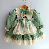 Mqtime 1 2 3 4 5 6 Years Girls Dress For Christmas Kids Girls Long Sleeve Princess Vintage Green Lolita Apron Dress Winter Fall