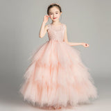 Elegant Sweet Long Beading Appliques Sleeveless Flower Girl Dress Kids Performance Show Party Birthday First Communion Gowns