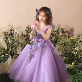 Mqtime Flower Girl Elegant Dress First Communion Dresses for Girls Children Purple Tulle Ball Gown Kids Pageant Wedding Clothes