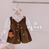 Girl Embroidered Flower Corduroy Strap Dresse Children New Korean Sleeveless Retro Vest Dress+T Shirt 2pcs Toddler Baby Clothing