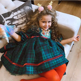 0-12Y Baby Girl Autumn Winter Green Plaid Deer Embroidery Vintage Spanish Princess Ball Gown Dress for Christmas Eid Causal