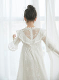 Mqtime Korean Girls Dress Princess Party Wedding Lace Embroidery Long Dress Elegant White Maxi Dresses for Teen Girl Children 5 6 8 10