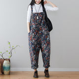 Mqtime Vintage washed denim jumpsuit printed long wide leg harem Pants plus size loose Jumpsuit for women adjustable patchwork overalls