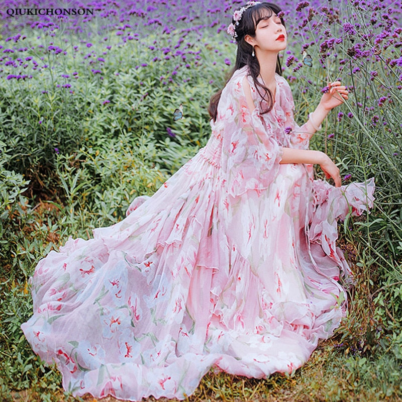 Mqtime Pink Floral chiffon maxi dresses women summer flare sleeve cold mqtime Mqtime Pink Floral chiffon maxi dresses women summer flare sleeve cold mqtime