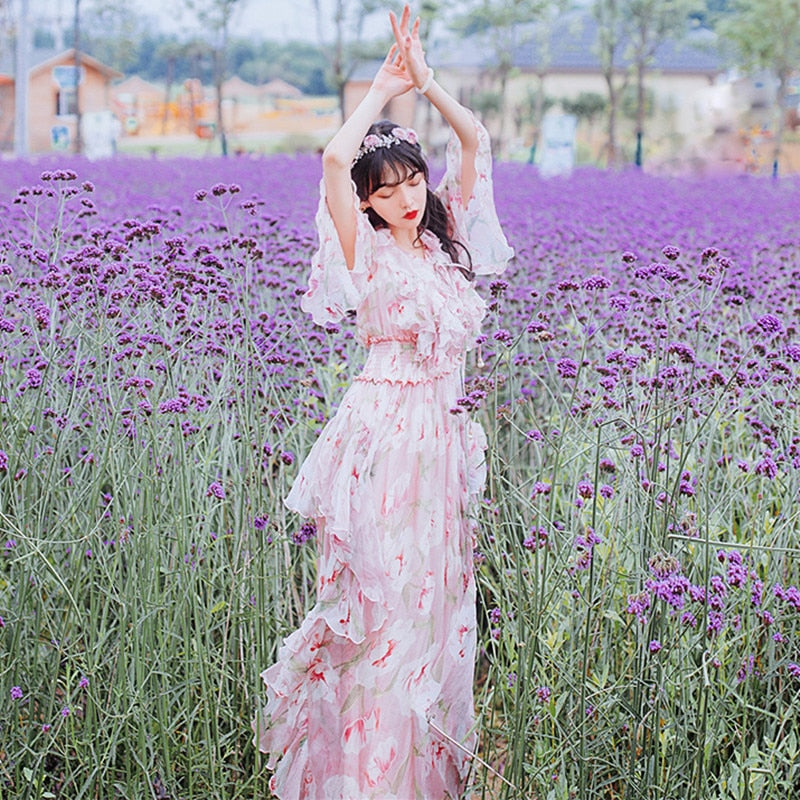 Mqtime Pink Floral chiffon maxi dresses women summer flare sleeve cold mqtime Mqtime Pink Floral chiffon maxi dresses women summer flare sleeve cold mqtime