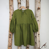 Girls' Retro Cotton And Linen Dress 2022 Autumn New Children's Korean Style Bow Long Sleeve Pocket Green Princess Dresses TZ44