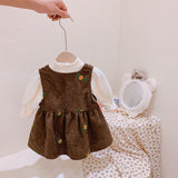 Girl Embroidered Flower Corduroy Strap Dresse Children New Korean Sleeveless Retro Vest Dress+T Shirt 2pcs Toddler Baby Clothing