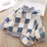 Mqtime Winter Warm Fleece Thickened Tops Fashion Korean Plaid Sweatshirt with Bag Christmas Little Girls Clothes Outfits