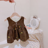 Girl Embroidered Flower Corduroy Strap Dresse Children New Korean Sleeveless Retro Vest Dress+T Shirt 2pcs Toddler Baby Clothing