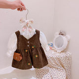 Girl Embroidered Flower Corduroy Strap Dresse Children New Korean Sleeveless Retro Vest Dress+T Shirt 2pcs Toddler Baby Clothing