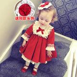 Toddler Kids Girl Red Christmas Lolita Dress Fall Children Baby Girls Vintage Lace Bow Princess Dresses Wedding Party New Year