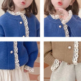 Autumn Baby Girls Coat Baby Lace Solid Sweaters Toddler Knit Cardigans Knitwear Long-sleeve Cotton Single Breasted Jacket Tops