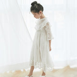 Mqtime Korean Girls Dress Princess Party Wedding Lace Embroidery Long Dress Elegant White Maxi Dresses for Teen Girl Children 5 6 8 10