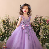 Mqtime Flower Girl Elegant Dress First Communion Dresses for Girls Children Purple Tulle Ball Gown Kids Pageant Wedding Clothes