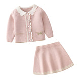 New knitted suit for 1 2 3 4 5 years old girls fall pink clothes set cardigan+skirt children clothing kids outfit