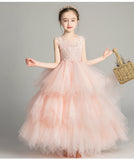 Elegant Sweet Long Beading Appliques Sleeveless Flower Girl Dress Kids Performance Show Party Birthday First Communion Gowns