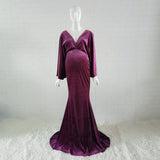 Mqtime  Winter Velvet Boho Maternity Long Dress For Photo Shoot Bohemian Maternity Velvet Photography Body-con Dress V-neck