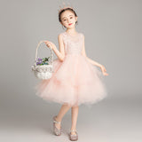 Elegant Sweet Long Beading Appliques Sleeveless Flower Girl Dress Kids Performance Show Party Birthday First Communion Gowns