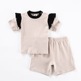 Mqtime 2pcs set baby clothes short  top and shorts children casual set ruffles button kids clothes contrast color fashion kids clothes