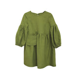 Girls' Retro Cotton And Linen Dress 2022 Autumn New Children's Korean Style Bow Long Sleeve Pocket Green Princess Dresses TZ44