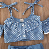 Mqtime Toddler Baby Girl Clothes Set Blue Dots Off Shoulder Top +Tied Skirts +Shorts 3PCS Suit Girl Clothes For 1to 5Y