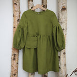 Girls' Retro Cotton And Linen Dress 2022 Autumn New Children's Korean Style Bow Long Sleeve Pocket Green Princess Dresses TZ44