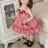 Mqtime New Fashion Hot Sale Red Plaid Dress Girl Dresses Princess Clothing Cute Bow Sleeveless Clothing Sweet Children Party Dress