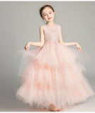 Elegant Sweet Long Beading Appliques Sleeveless Flower Girl Dress Kids Performance Show Party Birthday First Communion Gowns