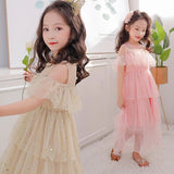 Mqtime Kids Dresses for Girls Princess Dress 2023 Summer Mesh Lace Sequins Layered Dress Children Clothes Kids Costume 8 10 12 13 Years