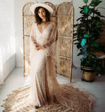 Mqtime Bohemian Beading Pearls Maternity Photo Shoot Dress See Through Pearls Boho Maternity Photography Dress Maxi Gown Side Slit