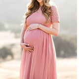 Mqtime Short Sleeve Lace Chiffon Maternity Dresses for Photoshoot Pregnant Women Maxi Gown Dress Pregnancy Baby Shower Photography Prop