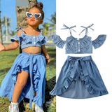 Mqtime Toddler Baby Girl Clothes Set Blue Dots Off Shoulder Top +Tied Skirts +Shorts 3PCS Suit Girl Clothes For 1to 5Y