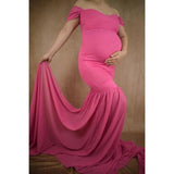 Mqtime Chiffon Pregnancy Gown Off Shoulder Dress For Pregnant Women Trailing Sweep Length Train Mist Due Date Memento Bump Photography