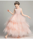 Elegant Sweet Long Beading Appliques Sleeveless Flower Girl Dress Kids Performance Show Party Birthday First Communion Gowns