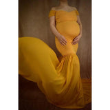 Mqtime Chiffon Pregnancy Gown Off Shoulder Dress For Pregnant Women Trailing Sweep Length Train Mist Due Date Memento Bump Photography