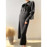 Maternity Dresses Knitted Pleated Long Pregnancy Dress Casual Loose Lace bow Maternity Clothes For Pregnant Women 2022 Autumn
