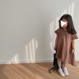 Mqtime Summer new children's wear short sleeve leisure simple solid color girl's dress literary style 2-10-year-old girl's tail dress
