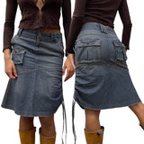 Mqtime Vintage Denim Jeans Skirt Women Autumn High Street Casual Drawstring Pleated Pocket Midi Skirts Bottoms Y2K Clothing