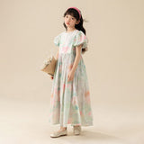 Mqtime  Kids Wear 2023 Summer Long Dress Printed Puff Sleeve Casual Teen Children Princess Dresses Fashion Girls Clothes 8 10 12 Years