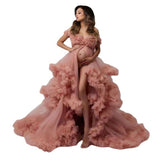 Mqtime Pink Maternity Prom Dresses Photography Props Elegant Pregnant Ruffles Ball Gown Evening Party Dress Baby Showers Photo Shoot