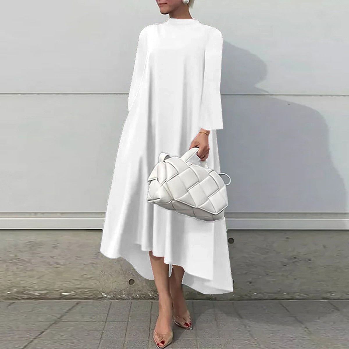 Mqtime Fashion Female Dress Simple Long Sleeves High-Low Lace-up Solid mqtime Mqtime Fashion Female Dress Simple Long Sleeves High-Low Lace-up Solid mqtime