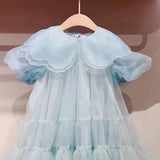 Fashion Baby Girl Princess Puff Sleeve Tutu Dress Lace Collar Child Vintage Tulle Vestido Party Pageant Birthday Clothes 1-12Y