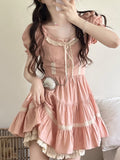 Mqtime Summer Pink French Elegant Mini Dress Women Bow Puff Sleeve Japanese Kawaii Dress Female Lace O-neck Korean Sweet Dress  New