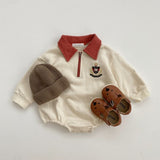 0-3y Toddler Boy Fashion Turndown Collar Sweatshirts Jumpsuit Bear Badge Embroidery Cotton Bodysuit Baby Boys Outfits